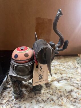 Handcrafted Metal Elephant Figurine with Red Polka-Dot Saddle